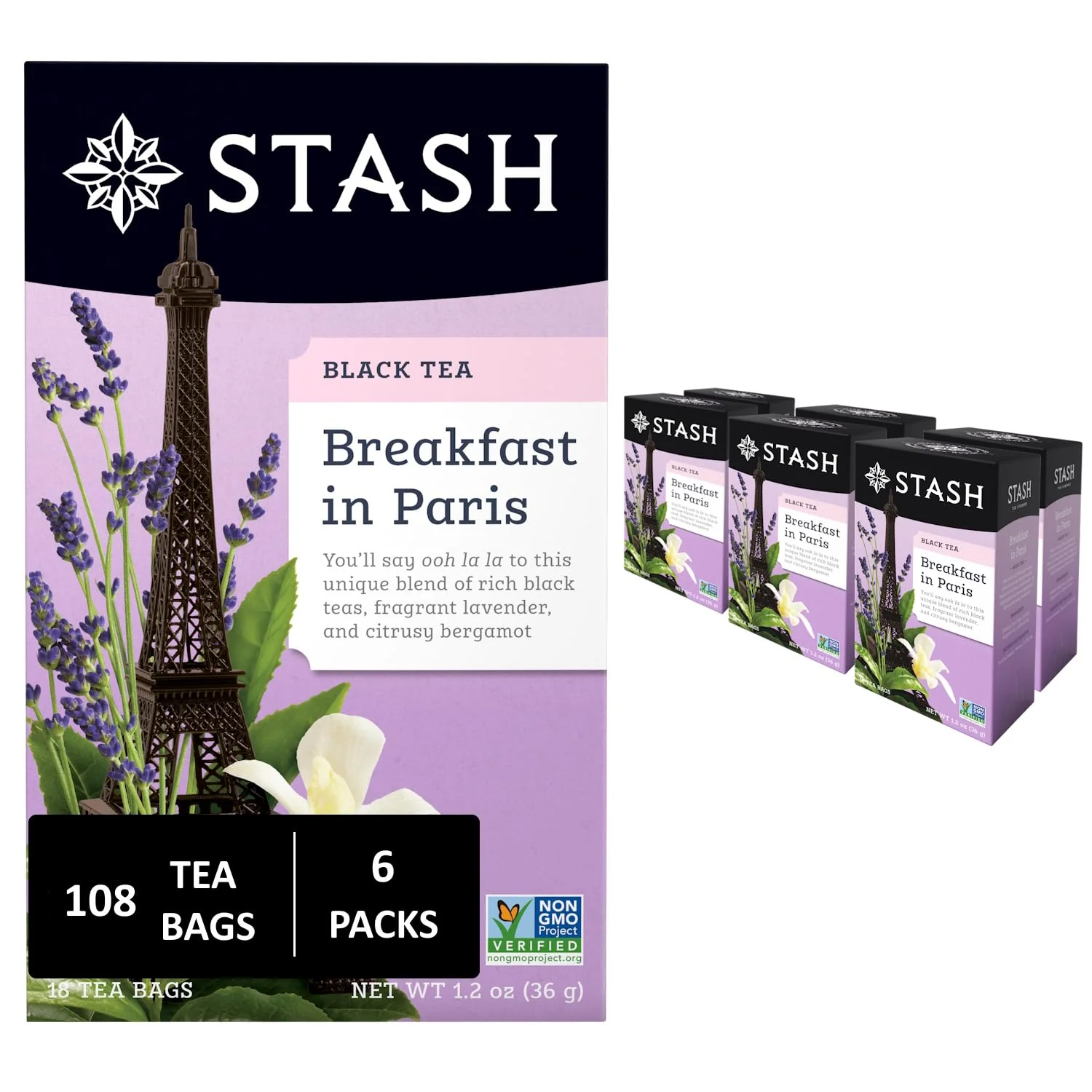 Elegant Stash Tea Breakfast In Paris Black Tea - Caffeinated Non-GMO Project Premium Tea with No Artificial Ingredients 18 Count Pack of 6