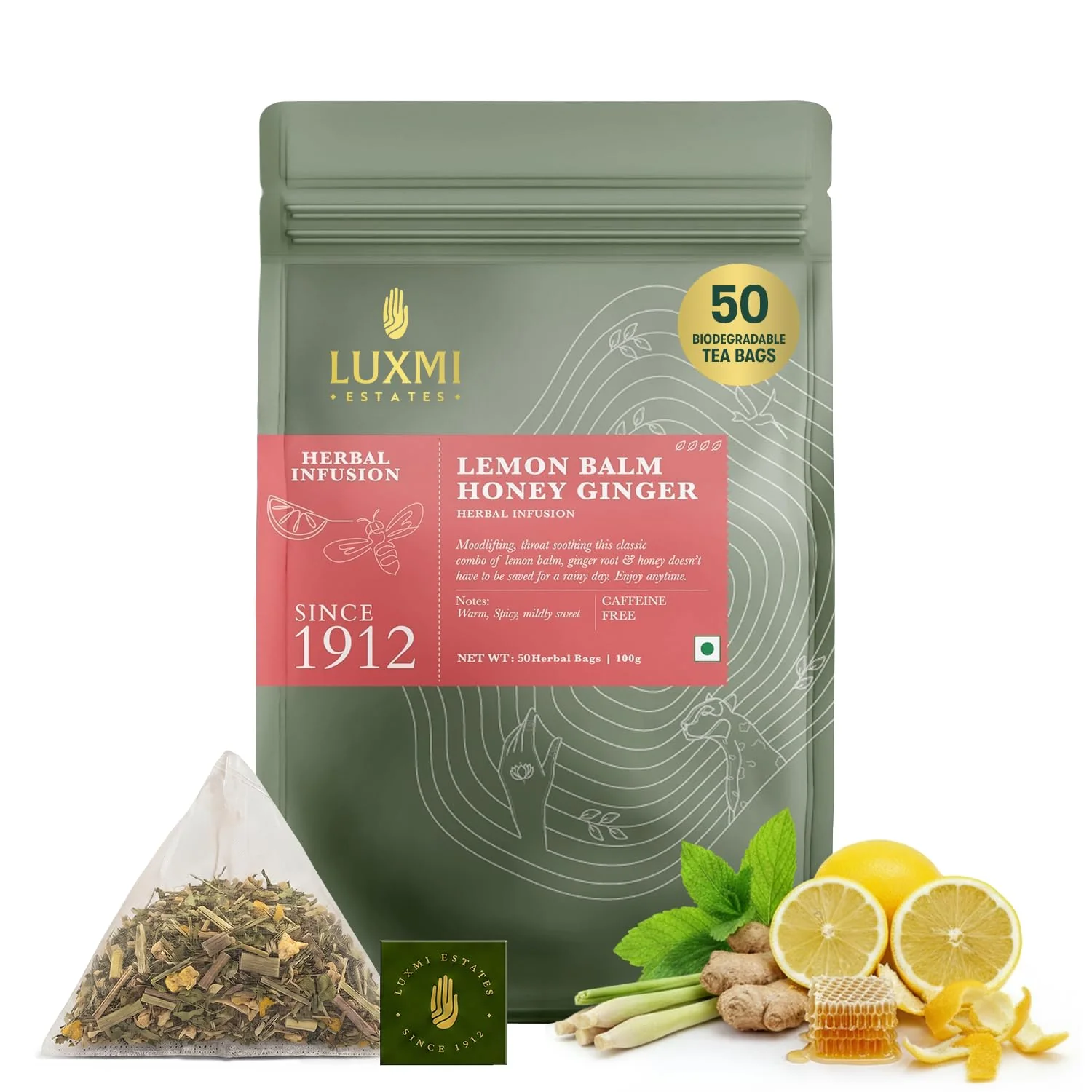 Enhanced Luxmi Estates Lemon Balm Honey Ginger Herbal Tea 50 Pyramid Tea Bags 100g 3.5oz Caffeine- Calming Blend with Lemon Balm Ginger Lemongrass Lemon Peel amp Natural Honey Flavor Vegan Next-Generation