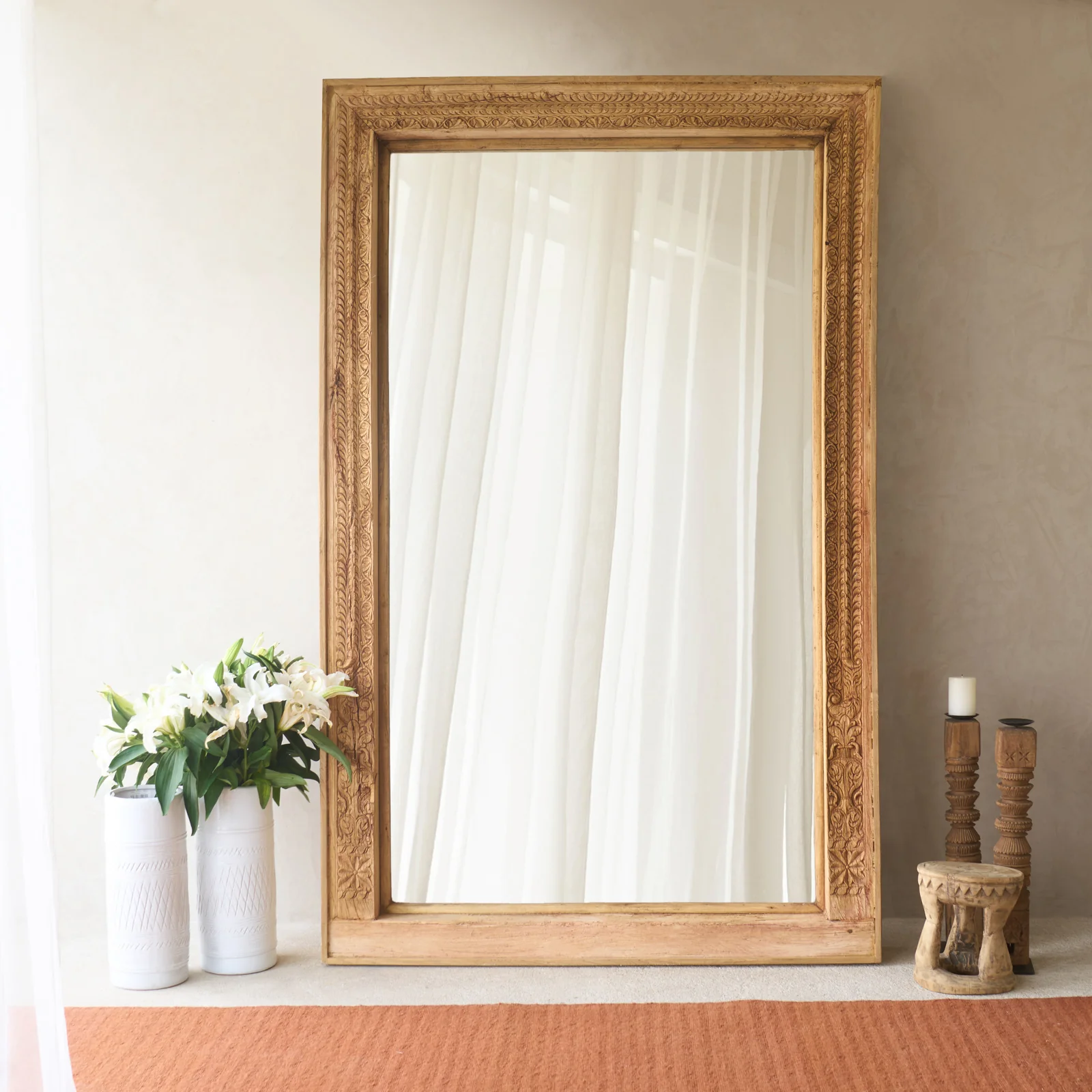 Sustainable Vintage Teak Carved Mirror Natural No. 5 Smooth