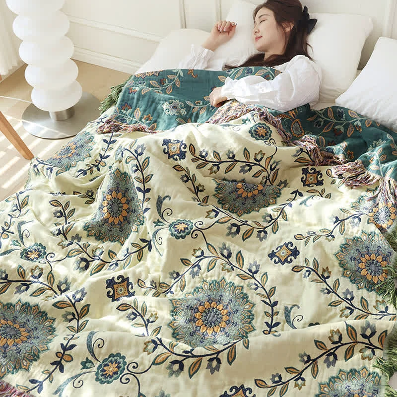 Elite Cotton Gauze Floral Reversible Tassel Quilt Practical
