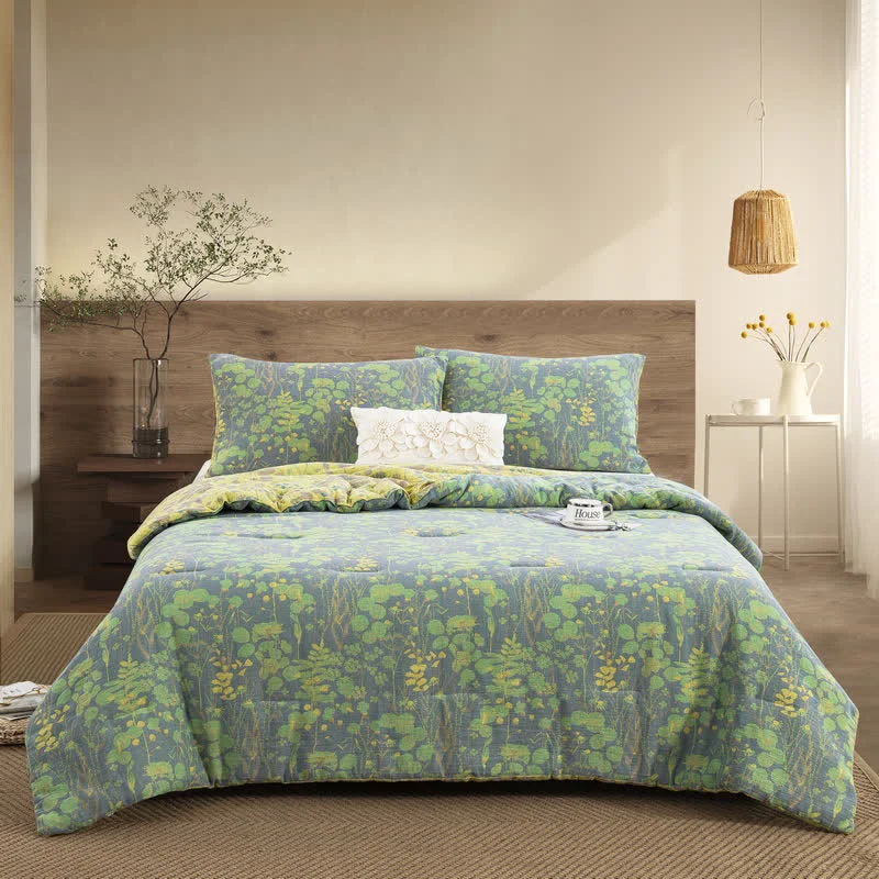Green Cotton Gauze Pastoral Lotus Pond Bedding World-Class