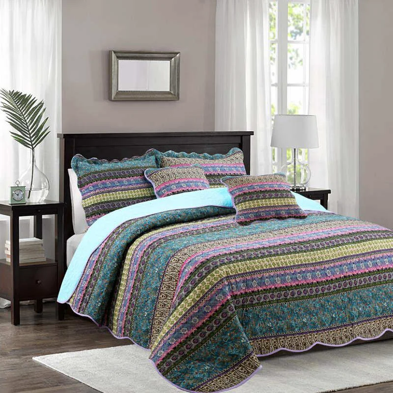 Enhanced Striped Jacquard Style Quilt with Pillowcase Fine Crafted