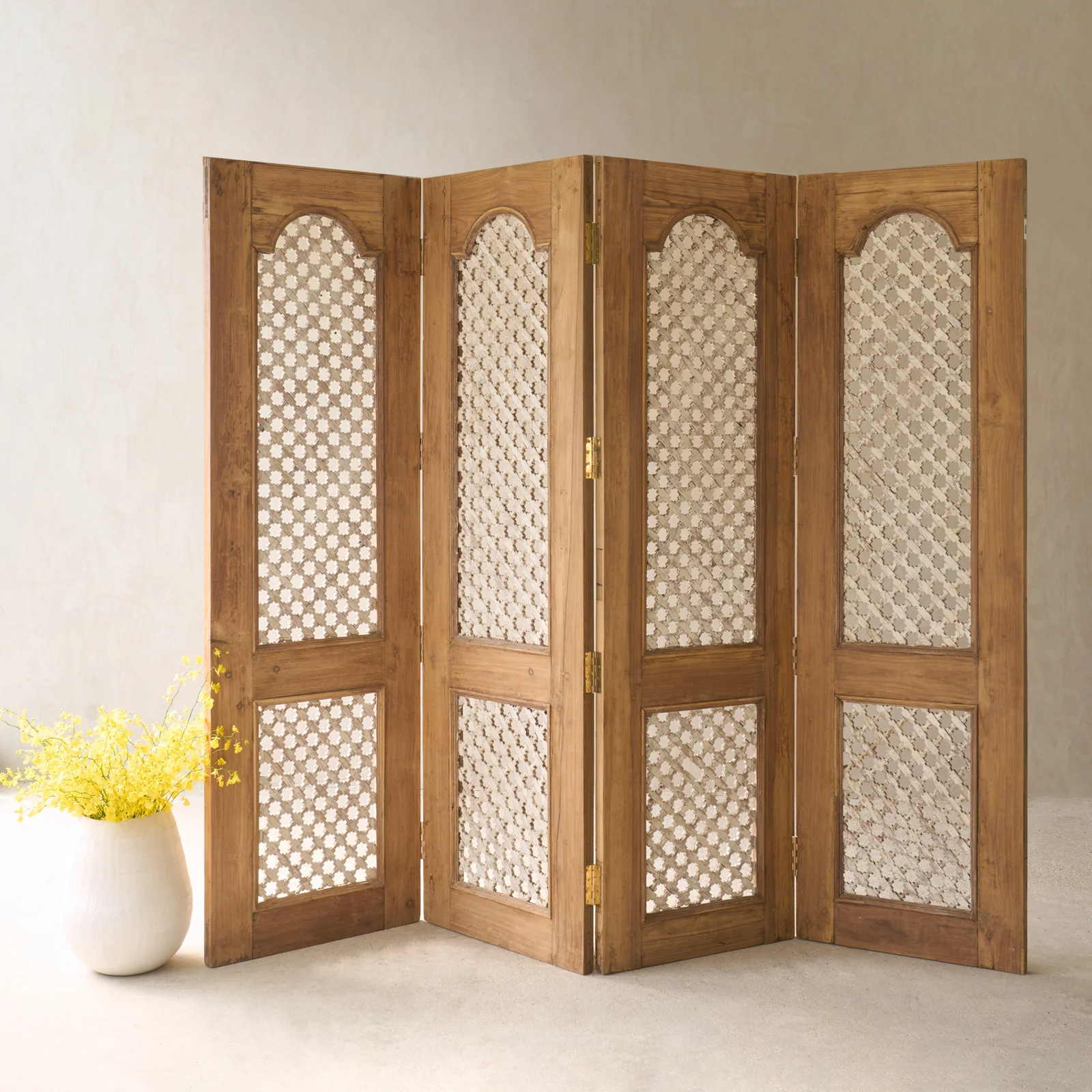 Elegant Vintage Jali Room Divider 4 Panels - Natural Eco-Friendly