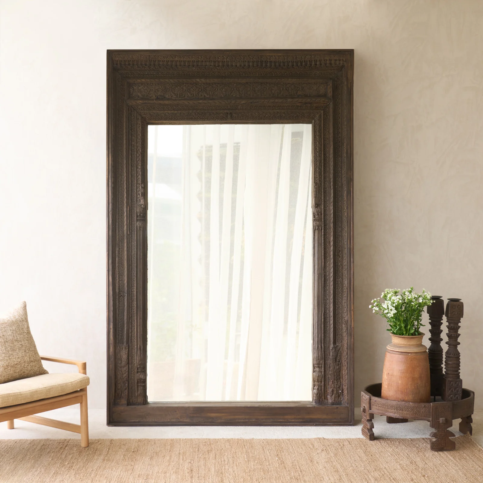 Certified Vintage Teak Carved Mirror Dark Brown No. 3 Flexible