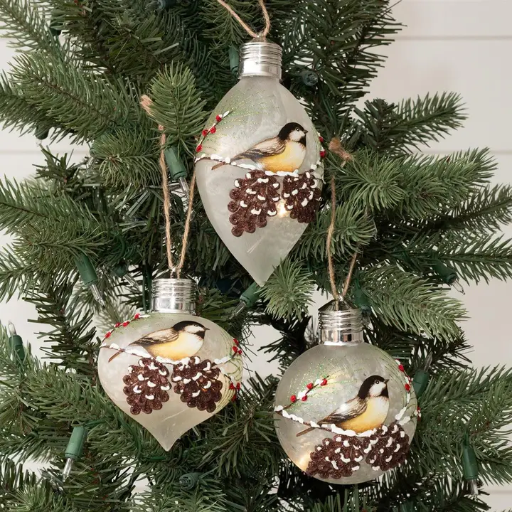 Professional Lighted Chickadee Glass Christmas Ornaments Relaxed