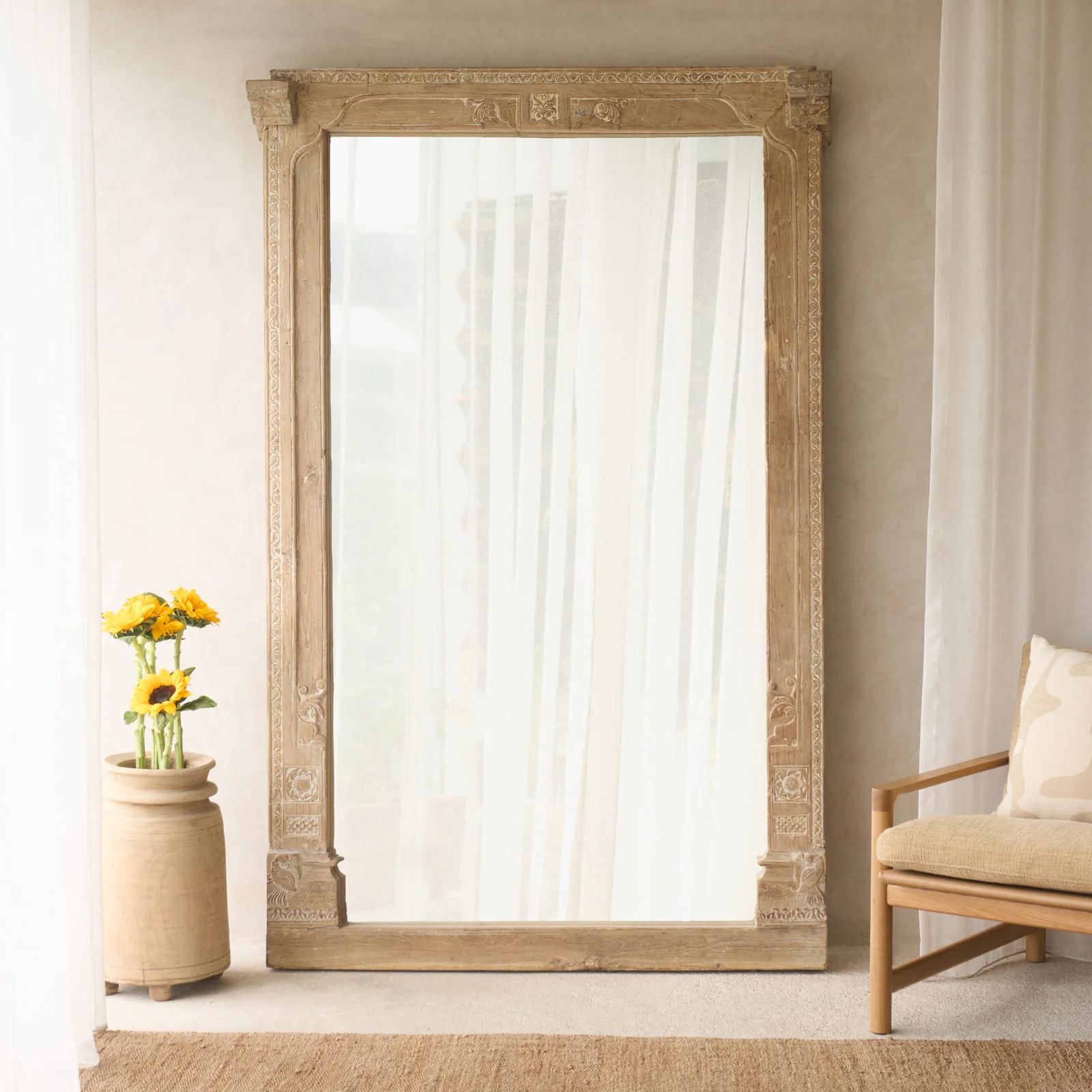 Comfortable Carved Architectural Teak Mirror No. 1 Green