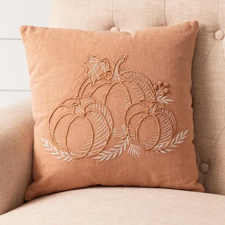 Practical Stonewashed Embroidered Pumpkin Throw Pillow Natural
