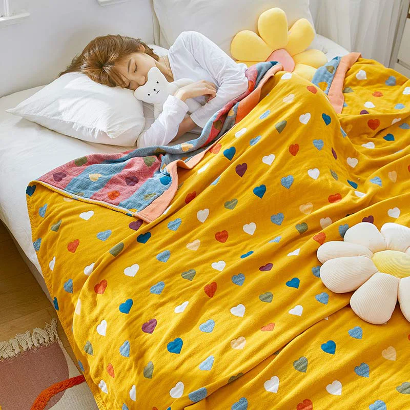 Trendy Colorful Hearts Cotton Gauze Reversible Quilt Comfortable