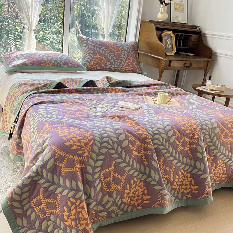 High-End Green Orange Leaf Cotton Reversible Quilt Durable