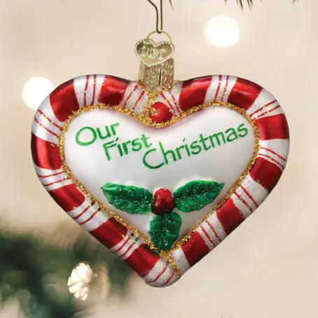 Solid Our First Christmas Peppermint Heart Glass Ornament Responsible