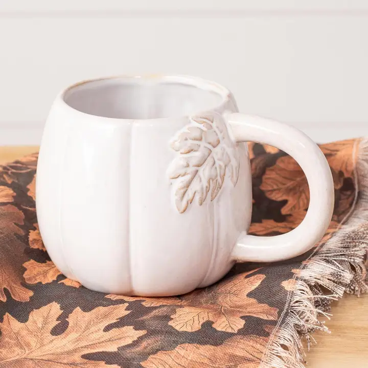 High-Grade White Pumpkin Stoneware Mug with Leaf Detail Smooth