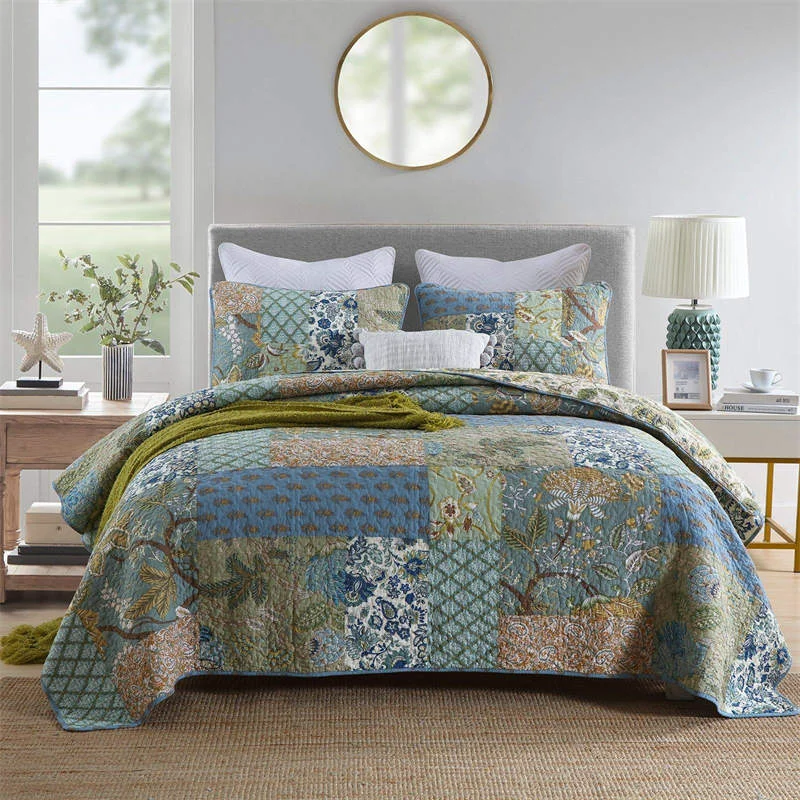 Secure Bohemian Floral Stitching Quilt with Pillowcases Optimized