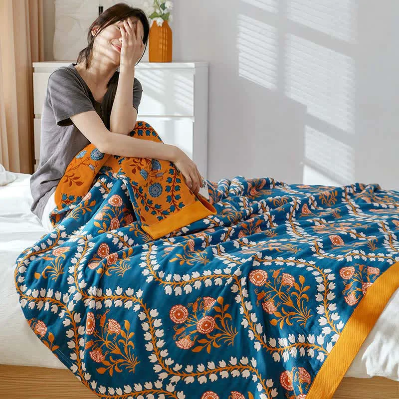 Artisan Bluebell Flower Cotton Gauze Reversible Quilt Minimalist