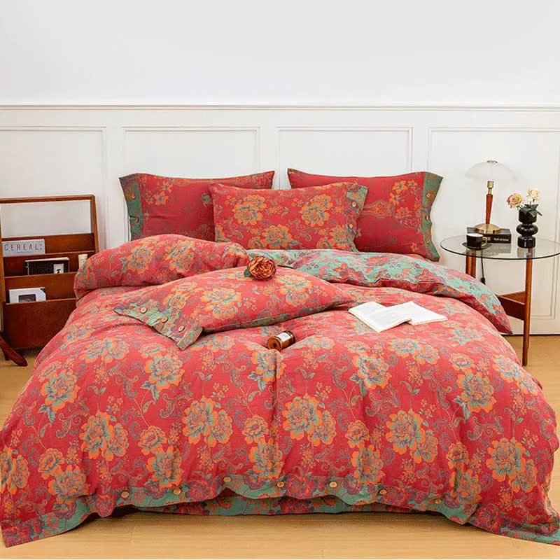 Original Flower Print Red Cotton Bedding Sets 4PCS World-Class