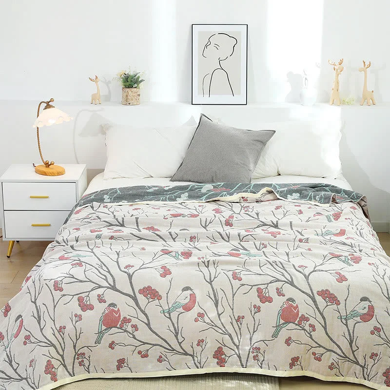 Comfortable Hawthorn Tree Bird Cotton Reversible Quilt Soft