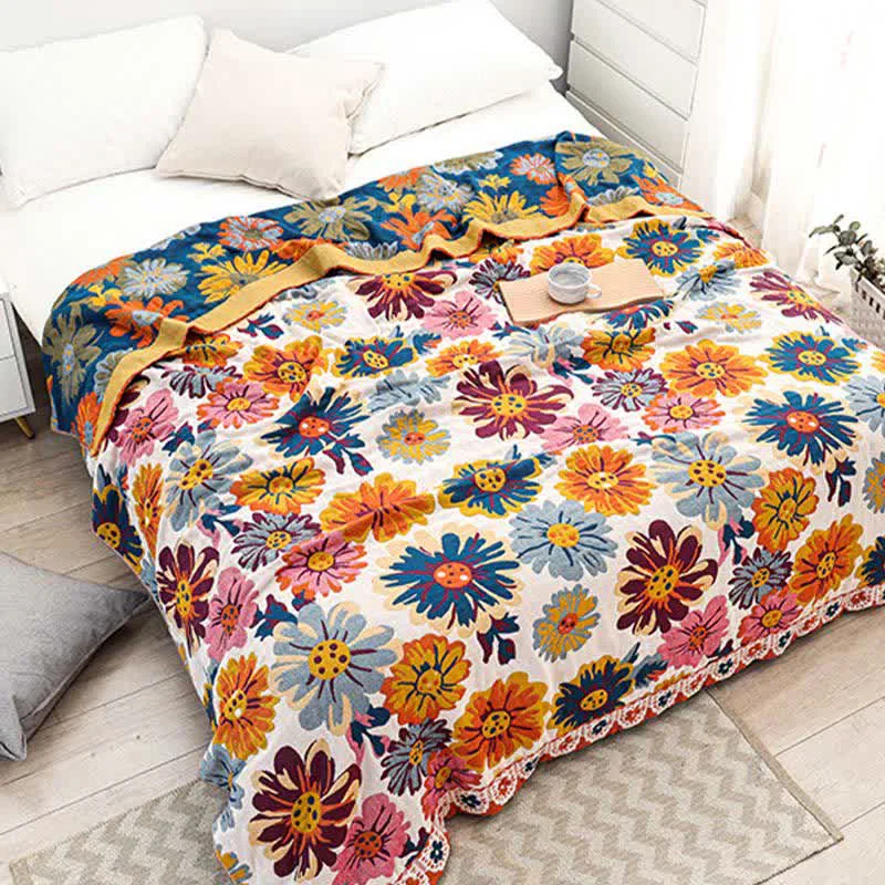 Refined Bright Colorful Flower Cotton Reversible Quilt Premium