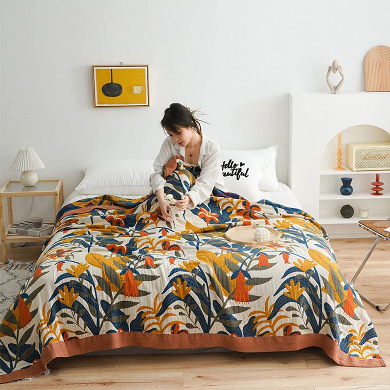 High-Performance Goldenrod Flower Printed Reversible Cotton Quilt Premium Material