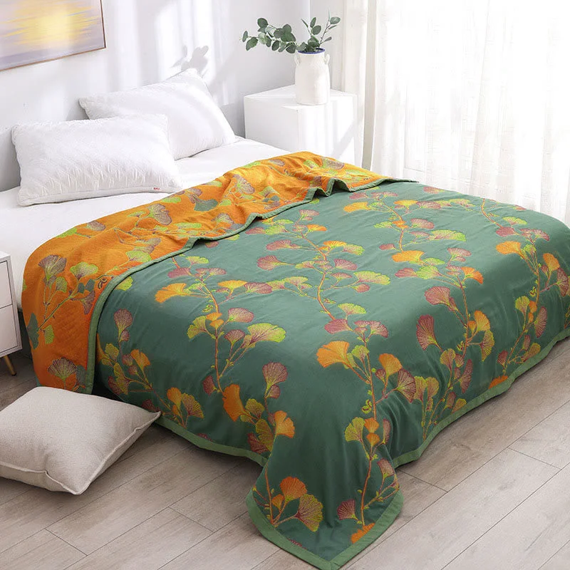Eco-Friendly Ginkgo Leaf Jacquard Cotton Reversible Quilt Verified