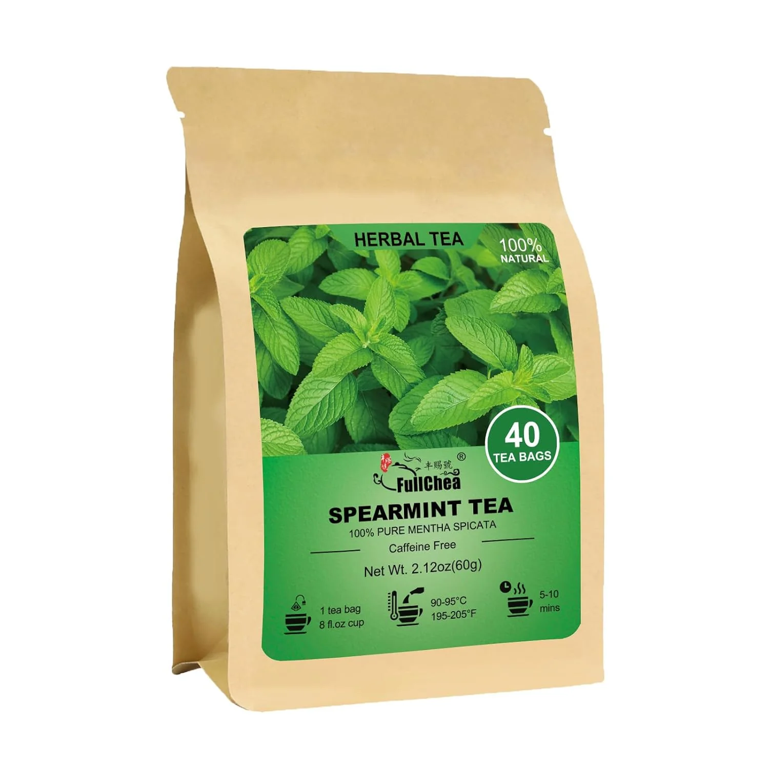 Advanced FullChea Spearmint Tea Bags 40 Counts Non-GMO Caffeine- Pure Dried Spearmint Leaf Supports Digestion Rich in Antioxidants. No Additives Resealable Pouch Casual