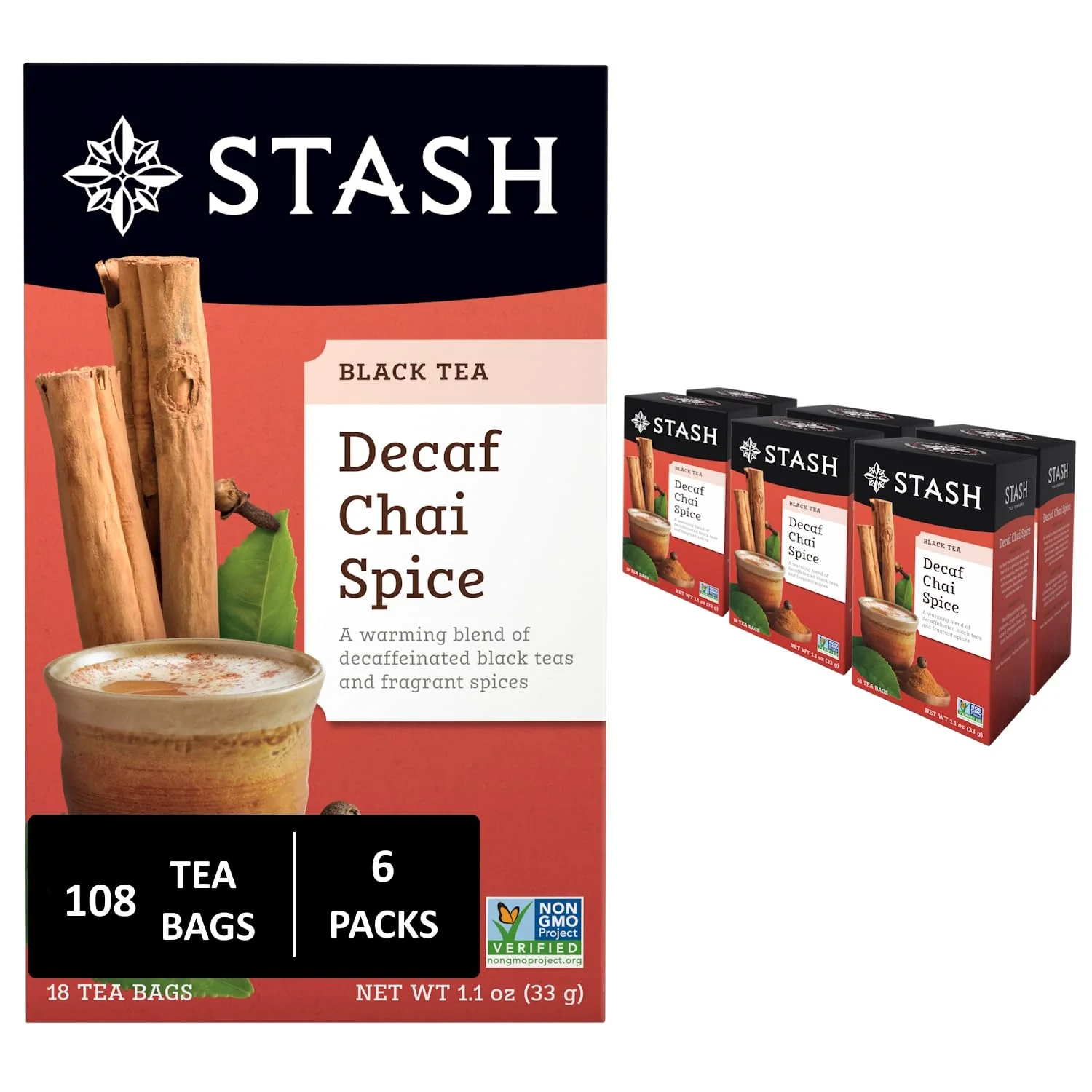 Dependable Stash Tea Decaf Chai Spice Black Tea - Decaf Non-GMO Project Premium Tea with No Artificial Ingredients 18 Count Pack of 6 Consistent