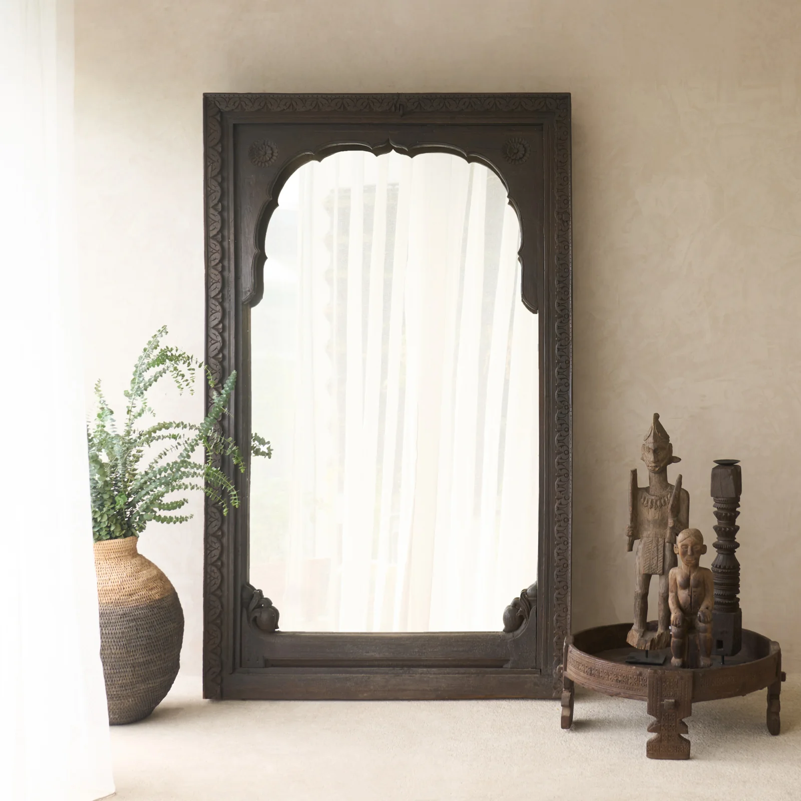 Consistent Carved Arched Dark Teak Door Frame Mirror No. 1 Casual