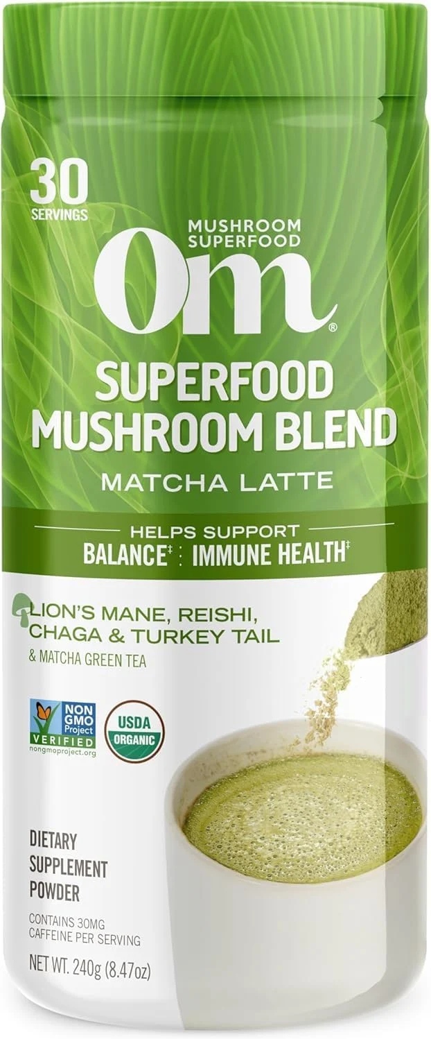 Sustainable Om Mushroom Superfood Matcha Latte Blend Mushroom Powder 8.47 Ounce Canister 30 Servings Green Tea Lion's Mane Reishi Chaga Turkey Tail Durable