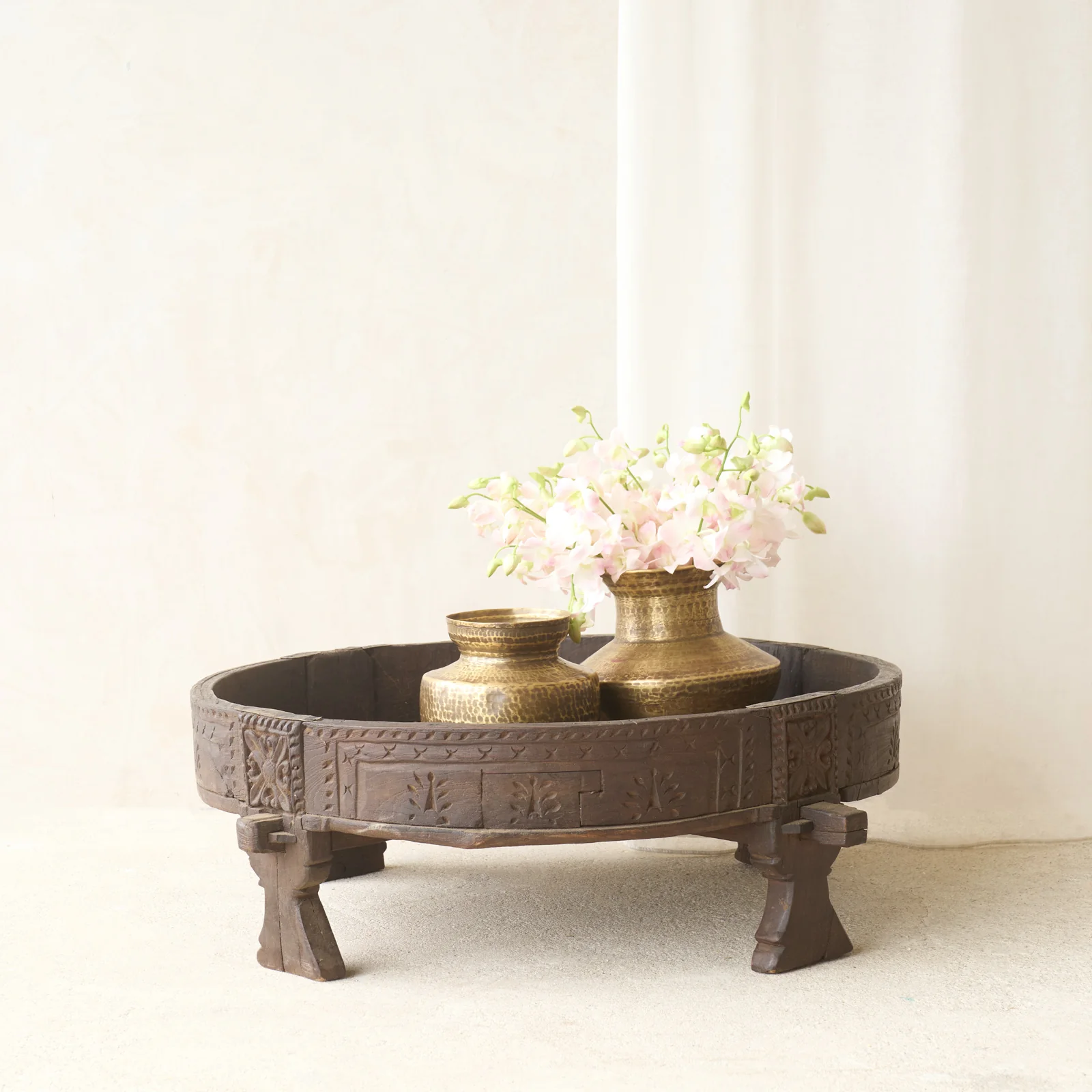 Environmentally Friendly Antique Hand Carved Chakki Low Table No. 1 Smooth