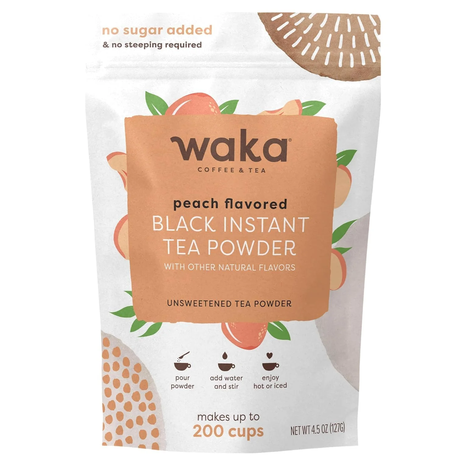 Durable Waka Instant Black Tea Mix Peach Flavored Sugar- 4.5 oz Naturally Flavored Unsweetened Concentrated Black Tea Powder Makes up to 200 Hot or Iced Cups Specialty