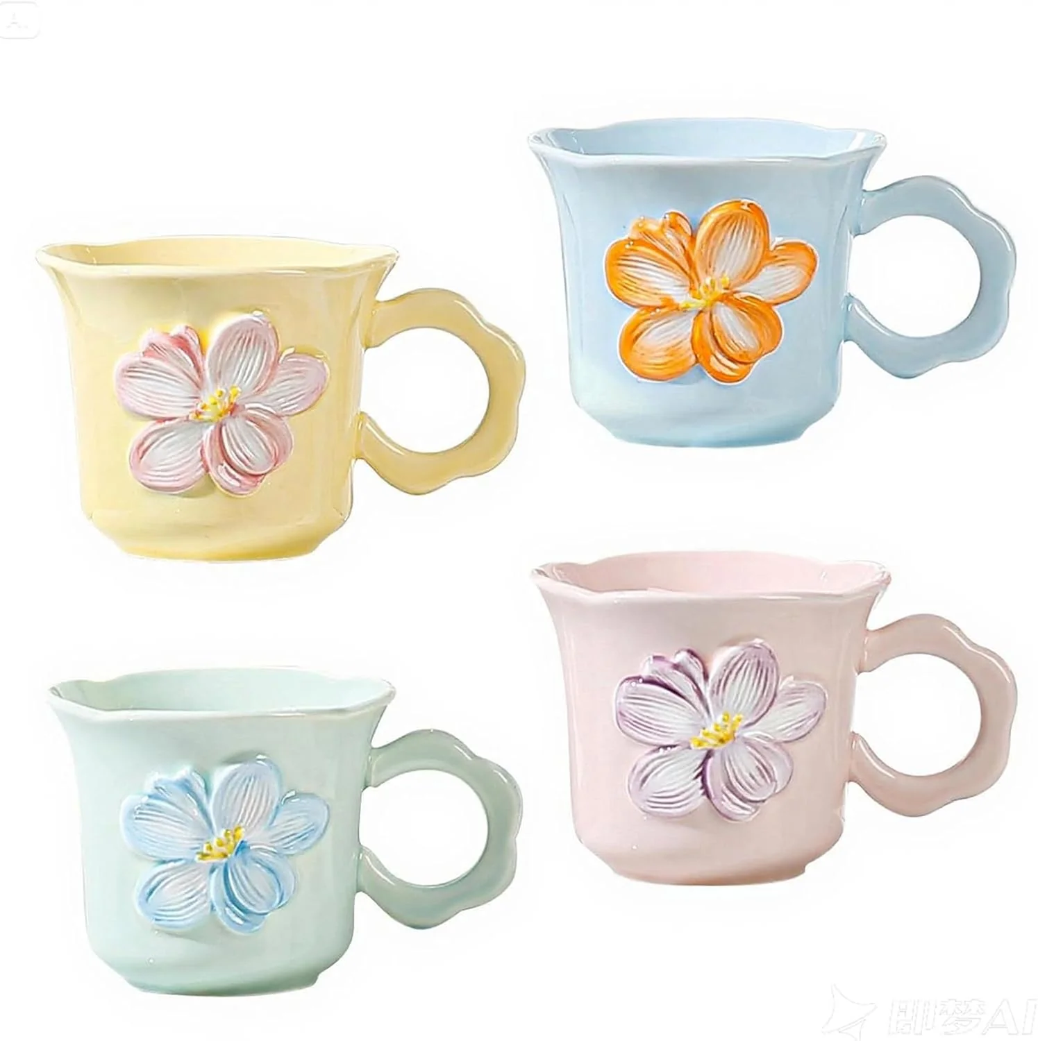 Powerful Cute Floral Coffee Mug Set of 4-12oz Ceramic Flower Embossed Cups with Petal Handles Dishwasher and Microwave Safe Prestigious