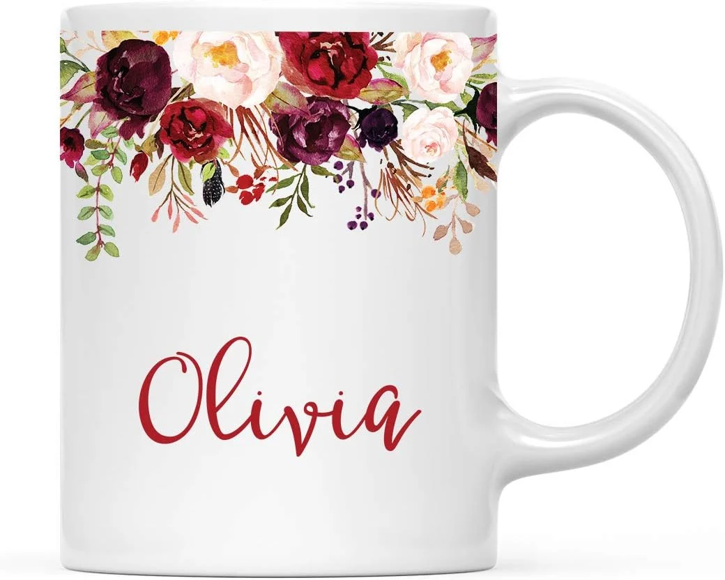 Superior Andaz Press Personalized 11oz. Wedding Ceramic Coffee Tea Mug Bridesmaid Gift Fall Autumn Marsala Burgundy Flowers Roses Florals Olivia 1-Pack Exceptional