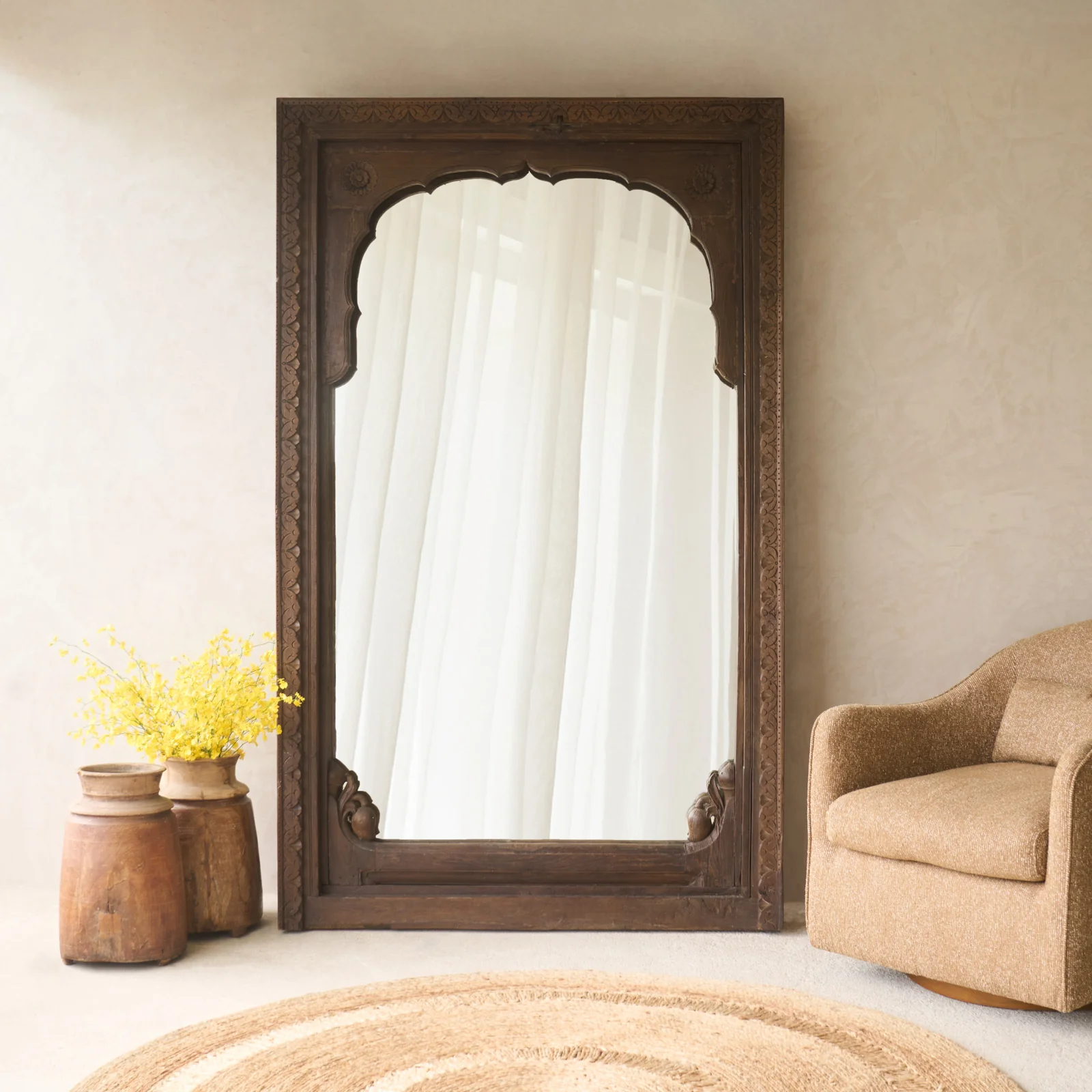 Minimalist Carved Arched Dark Teak Door Frame Mirror No. 2 Dependable