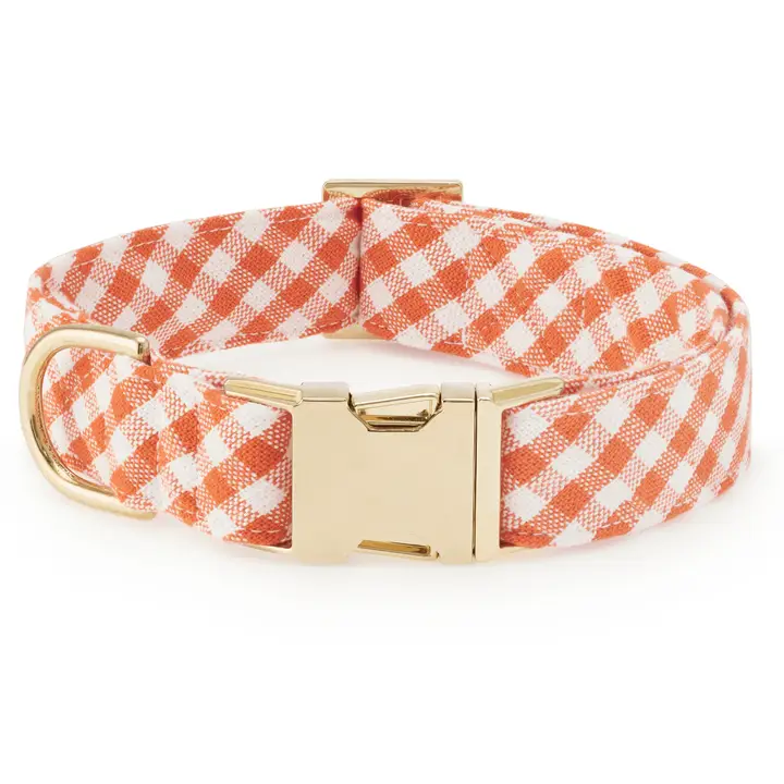 Fashionable Cider Gingham Dog Collar with Gold Hardware Clean
