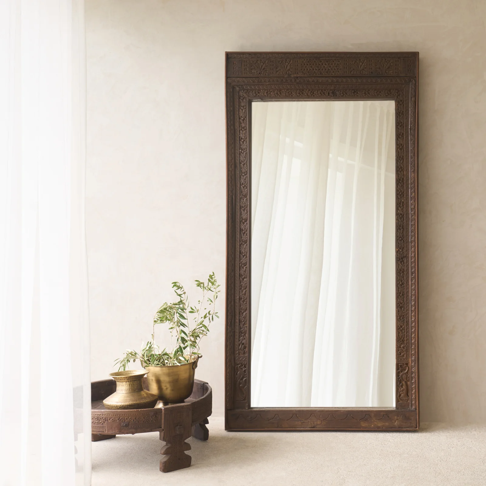 Recyclable Vintage Teak Carved Mirror Dark Brown No. 1 Selected