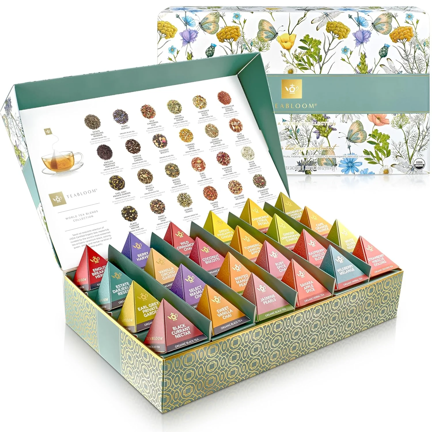 Top-Quality Teabloom - World's Finest Pyramid Tea Collection 24 Varieties of USDA Organic Teas - Black Green White Oolong Herbal Tea Blends Versatile