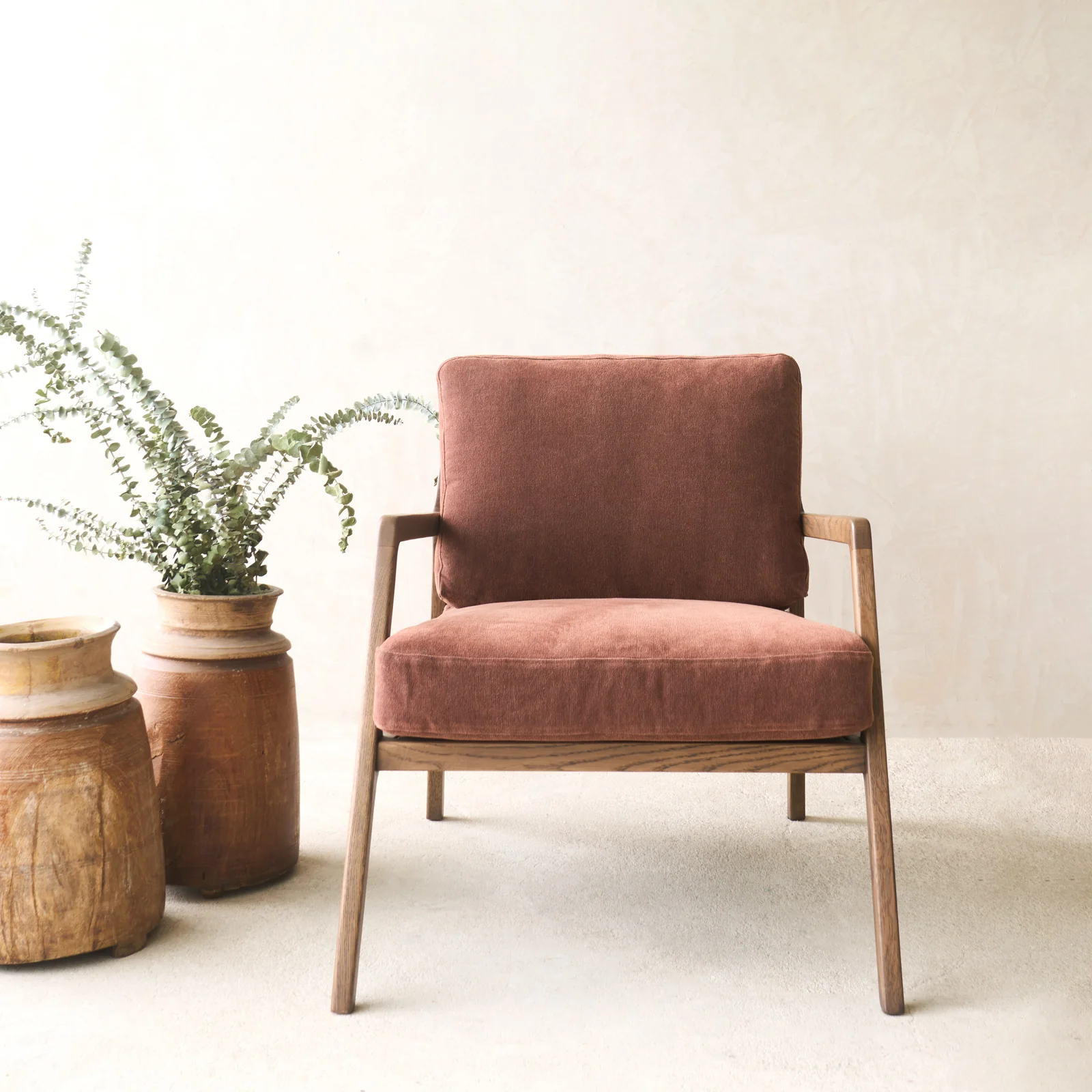 Unique Nysse Fabric Armchair Latte Oak Frame - Russet Classic
