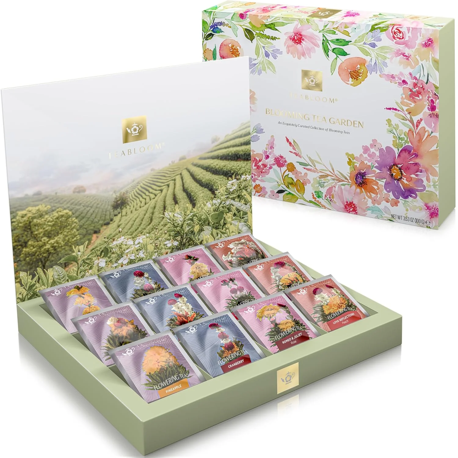 Expertly Made Teabloom Flowering Tea Chest - Curated Collection of 12 Gourmet Flowering Teas - Packaged in Beautiful Gift-Ready Tea Box Minimalist