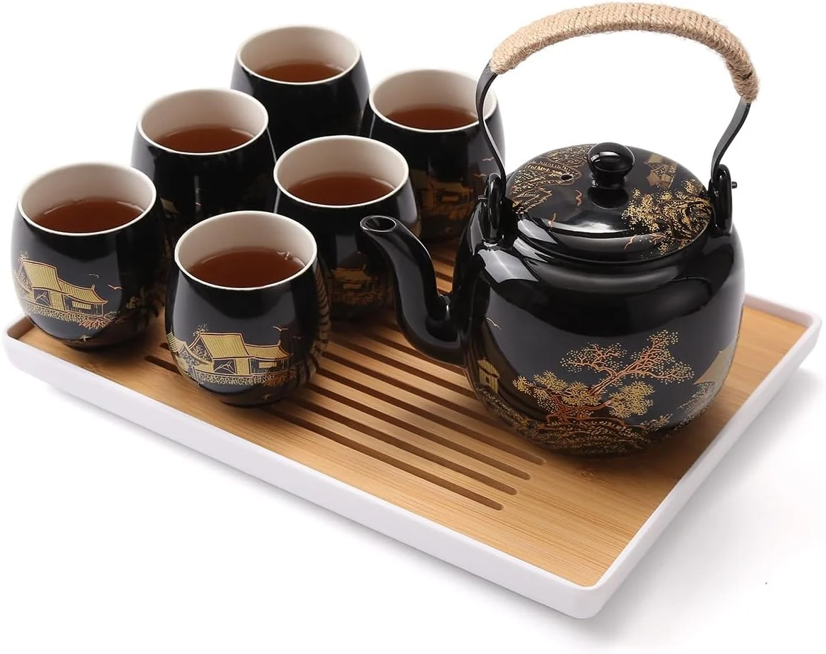 Eco-Friendly Dujust Japanese Tea Set Black Porcelain Tea Set with 1 Teapot Set 6 Tea Cups 1 Tea Tray 1 Stainless Infuser Beautiful Asian Tea Sets for Adults Unique