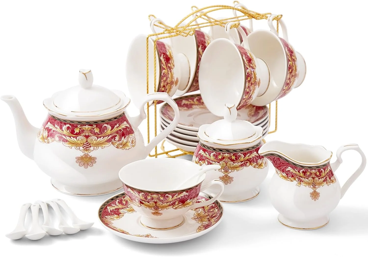 Flexible Dujust 22 pcs Royal Vintage Porcelain Tea Set for 6 Luxury British Tea Sets for Adults with Red Patterns Golden Trim Stylish
