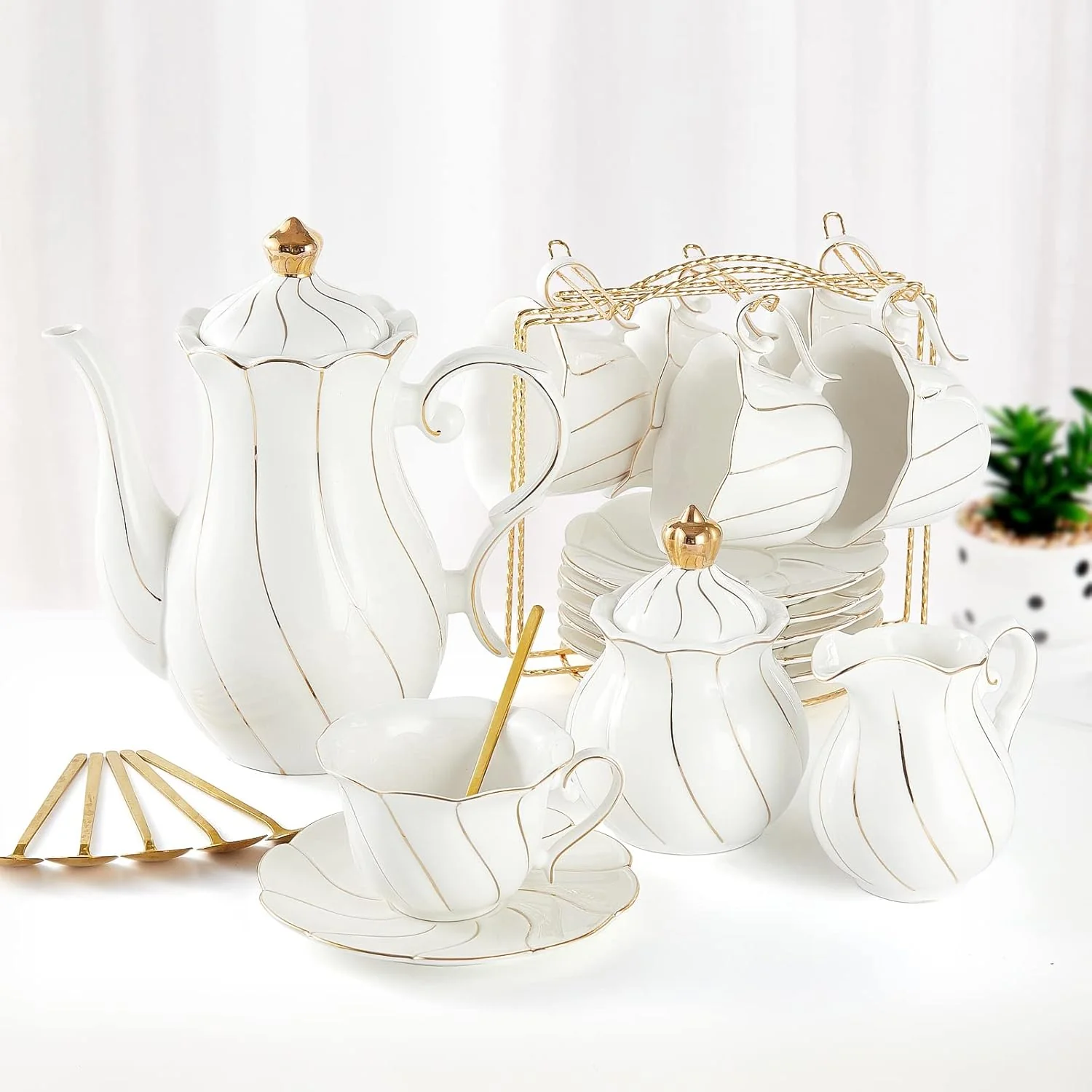 Professional Dujust 22 pcs White Porcelain Tea Set for 6 Luxury British Style Tea Coffee Cup Set with Golden Trim Beautiful Tea Set for Women Tea Party Set Superior