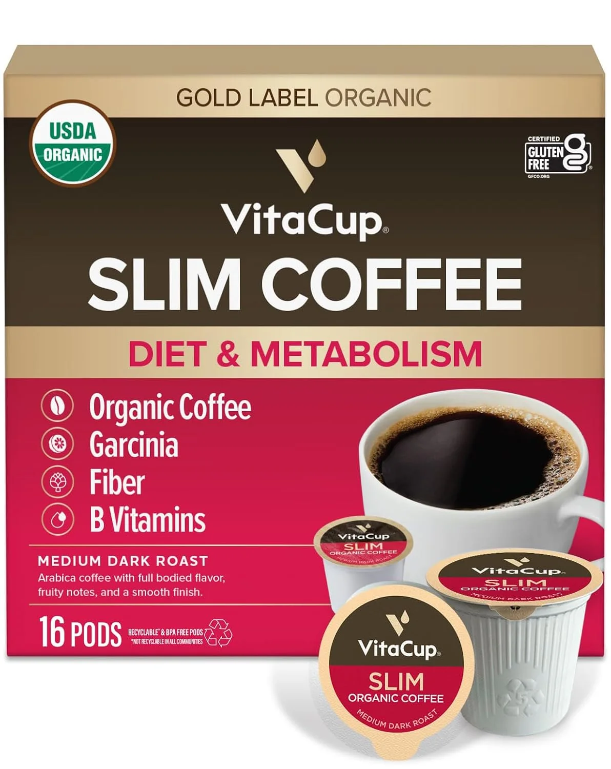 Classic VitaCup Slim Organic Medium Dark Roast Coffee Pods for Diet Support 16ct B Vitamins Exclusive