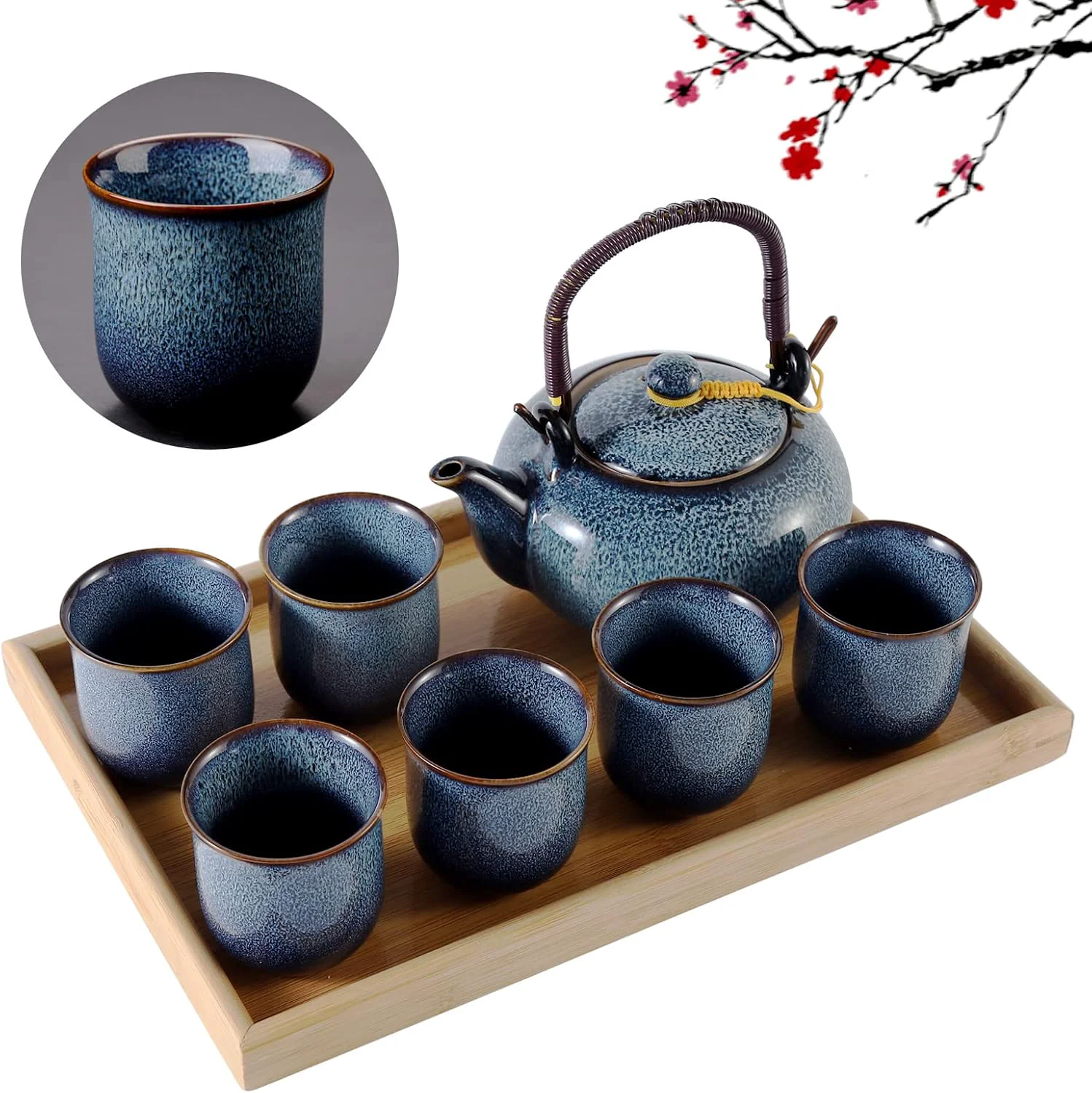 Unique Dujust Japanese Tea Set for 6 Kiln Altered Glaze Porcelain Tea Set with 1 Teapot 6 Tea Cups 1 Tea Tray Consistent
