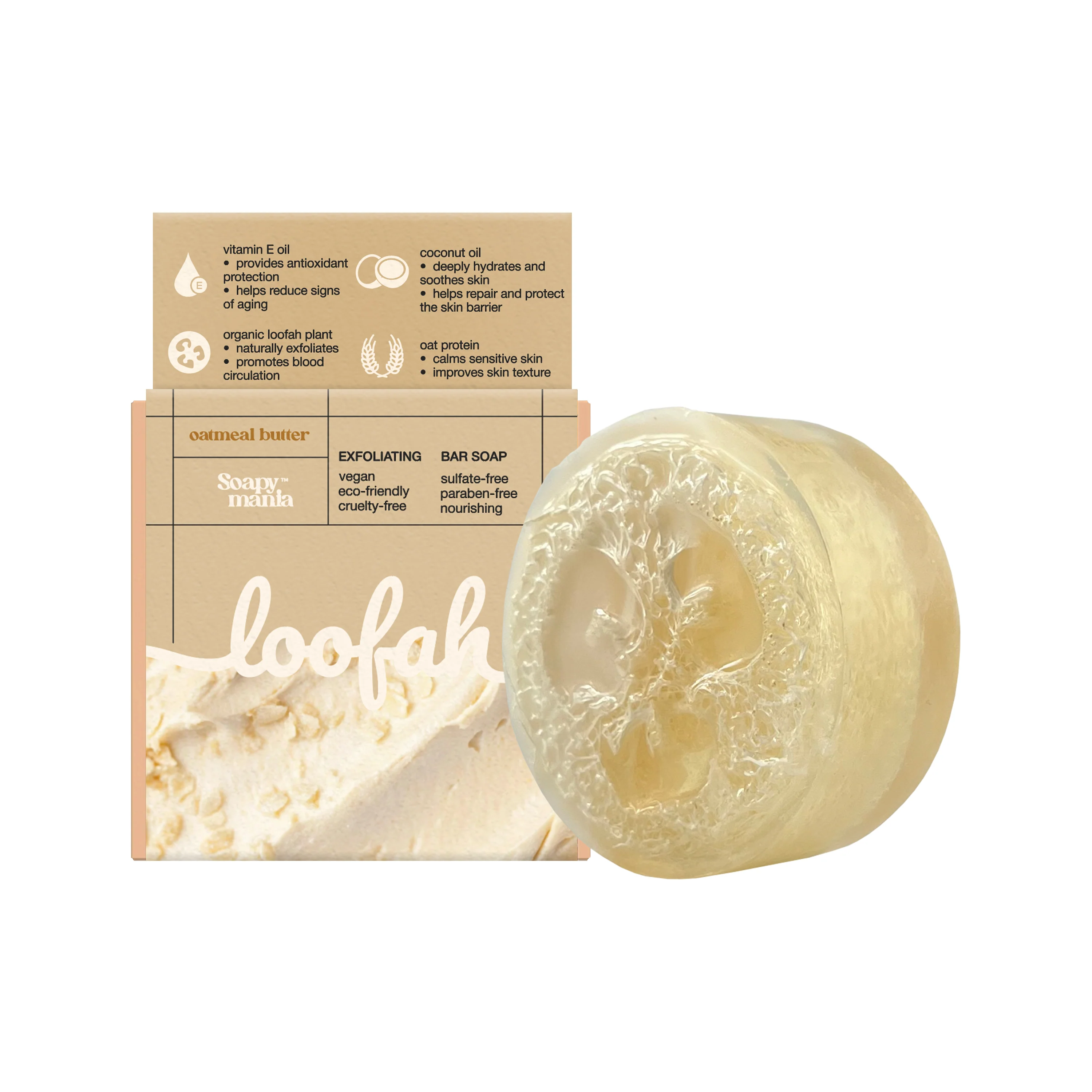 Pure Soapymania Oatmeal Butter Exfoliating Loofah Bar Soap High-End