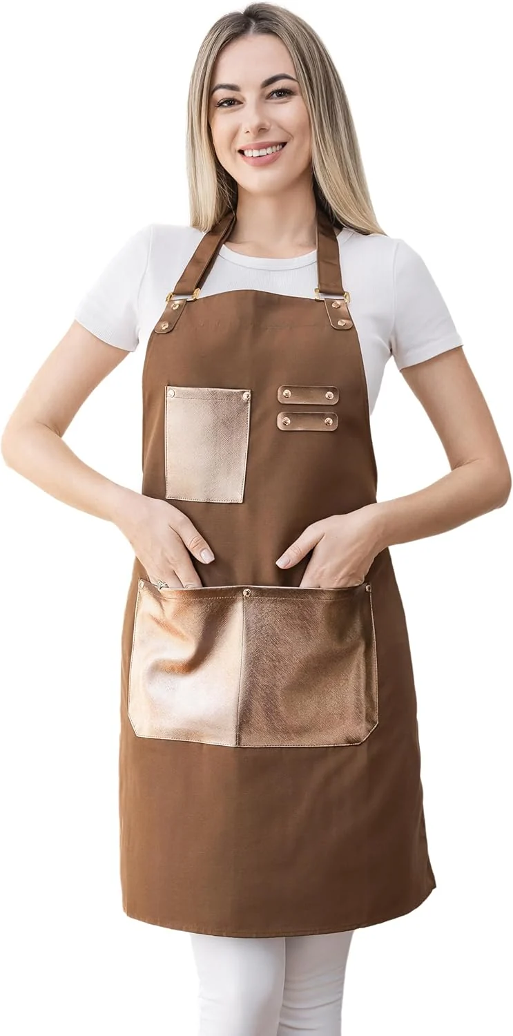 Detailed Barista Waitress Chef Cooking Aprons Waterproof Canvas Hair Stylists Apron with 3 Pockets for Women Natural