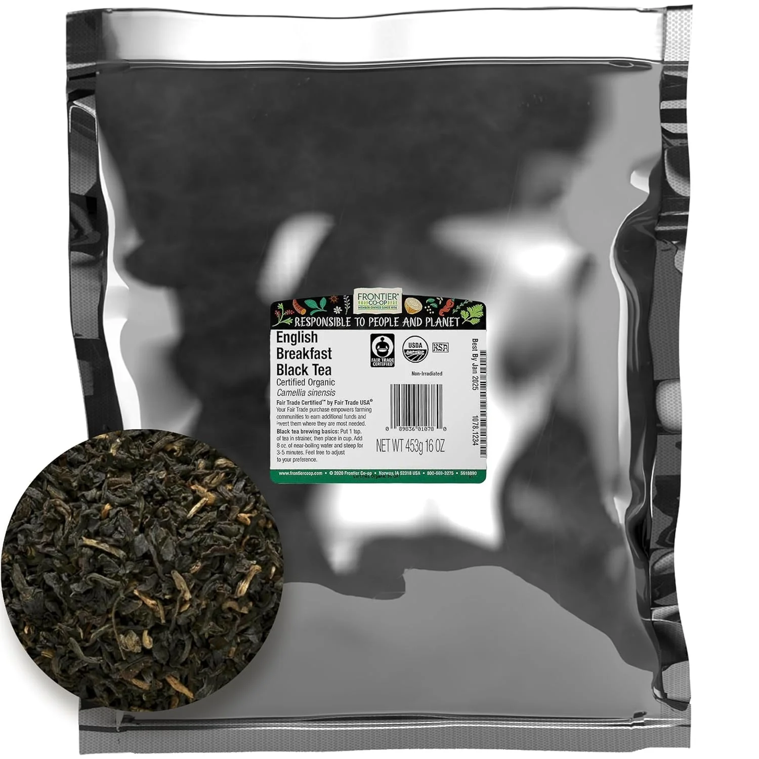 Recyclable Frontier Co-op English Breakfast Black Tea 1-Pound Bulk Full Robust Malty Flavor Kosher Organic Non ETO Long-Lasting