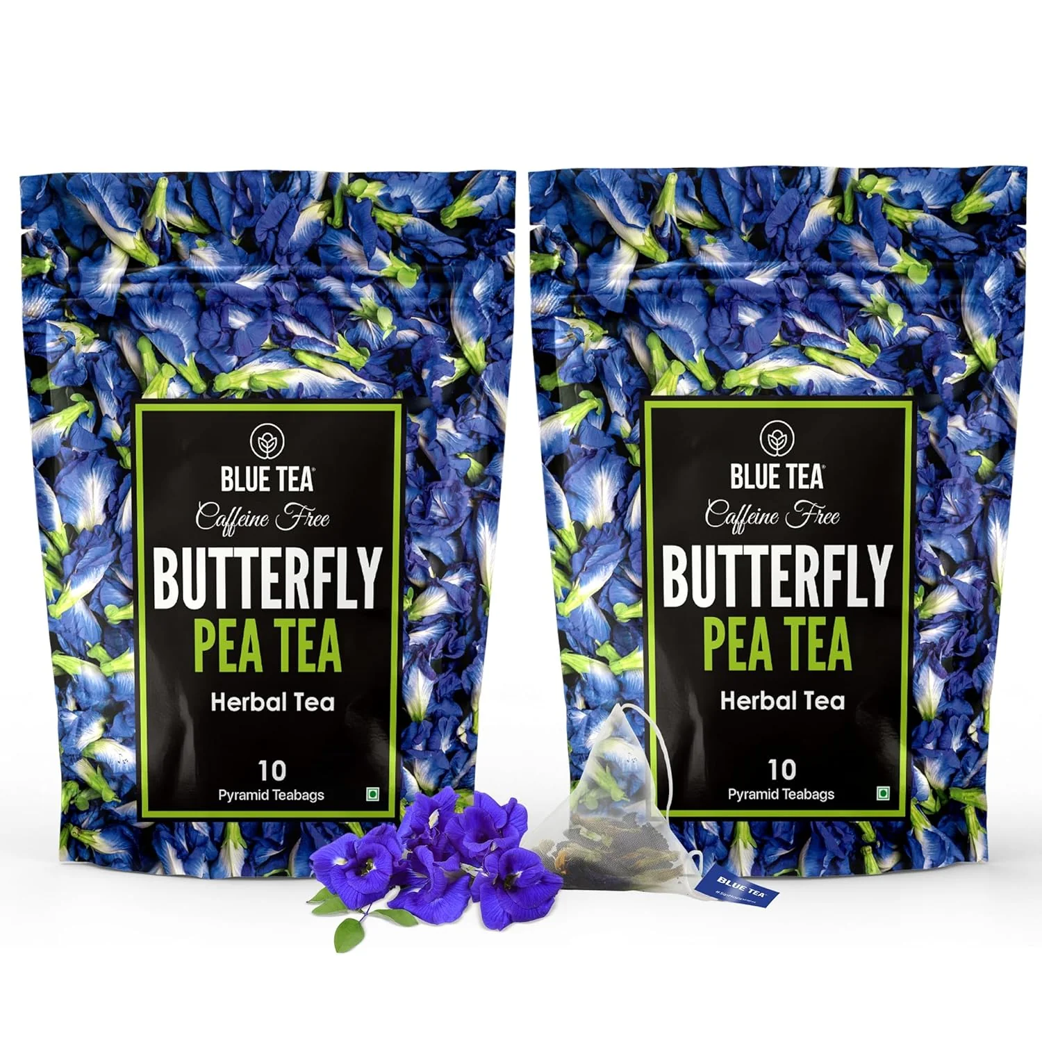 Powerful Blue TEA - Butterfly Pea Flower Tea - 10 Count Pack of 2 - Pyramid Plant Based Tea Bag Antioxidant Rich Caffeine - Detox Tea Convenient