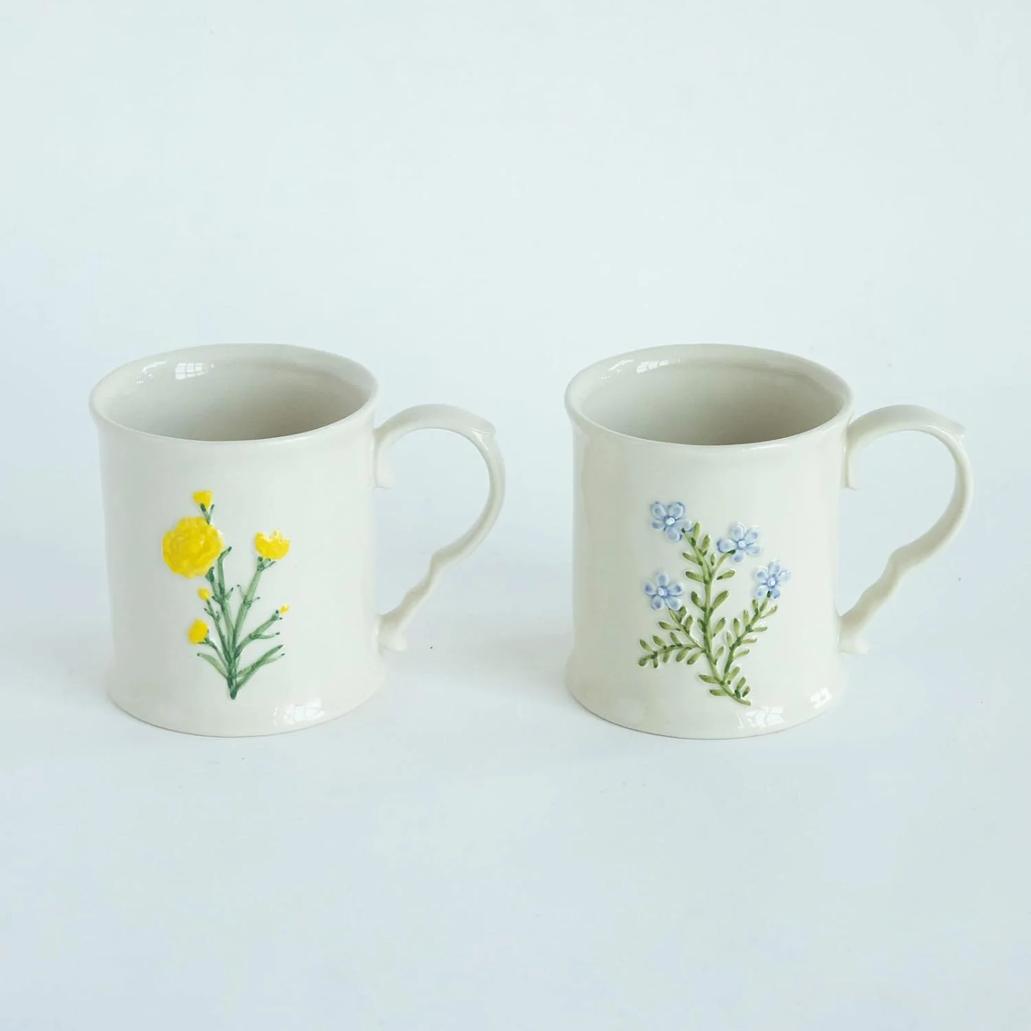 High-Quality 2 Pack Floral Ceramic Coffee Mugs - Yellow and Blue Flowers Hand-Painted Microwave Dishwasher Safe I for Cappuccino Tea Hot Chocolate Contemporary