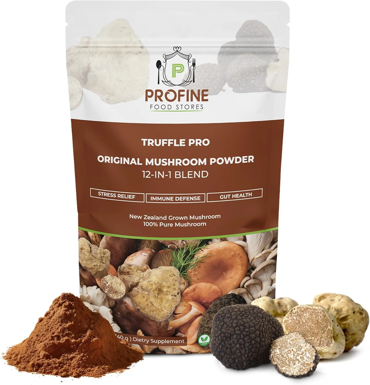 Solid Profine Truffle PRO Mushroom Powder 12- in - 1 Super Blend with Black Truffle and White Truffle - USDA Organic - Supplement User-Friendly