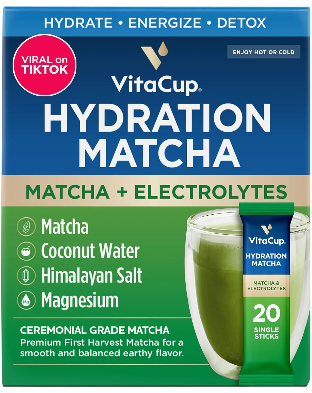 Dependable VitaCup Hydration Matcha Instant Packets w Electrolytes 20ct for Natural Energy and Detox w Electrolytes Ceremonial Grade Organic Matcha Coconut Water Pink Himalayan Salt Magnesium Sophisticated