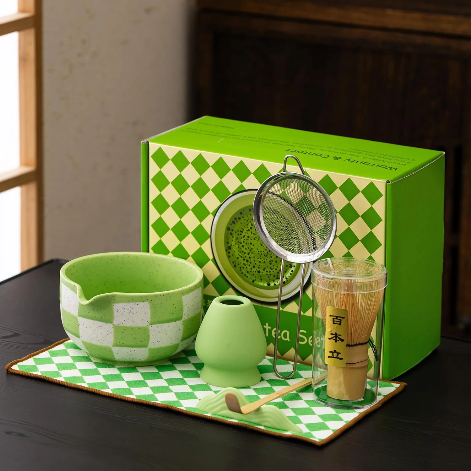 Secure 7pcs Traditional Matcha Tea Ceremony Set green Ceramic Bowl with Bamboo Whisk Holder and Strainer Green grid Elegant Matcha Set for Gifting and Superior