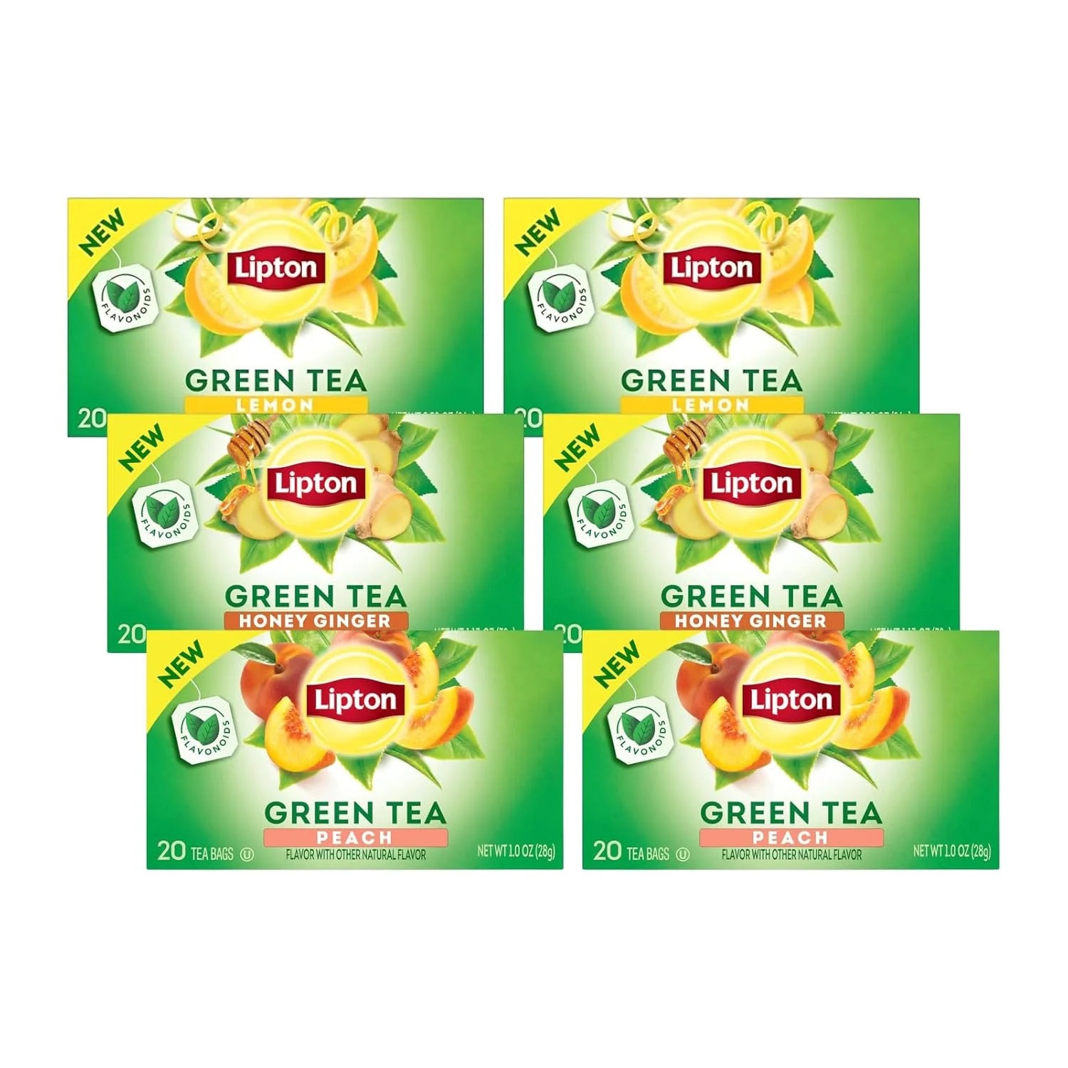 Luxury Lipton Honey Ginger Green Tea Lemon Green Tea Peach Green Tea 20 CT 2ea Variety Pack Refined